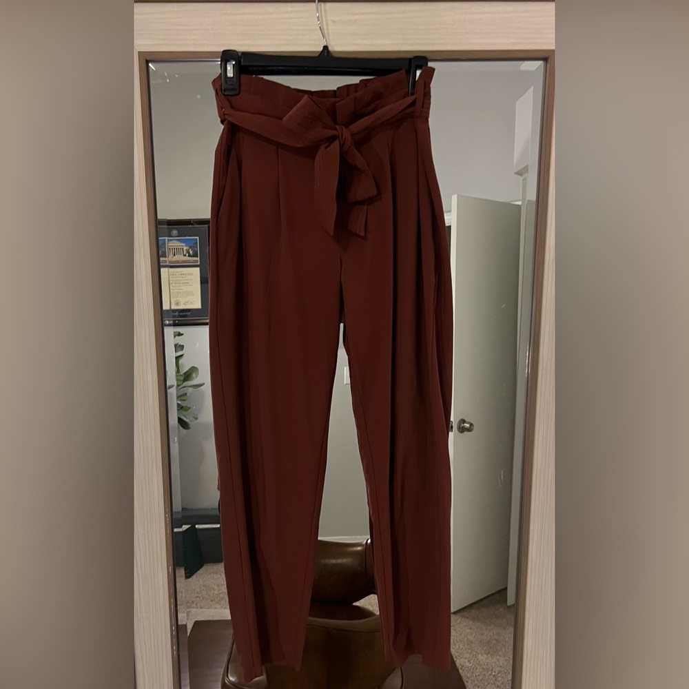 Athleta Maroon Airy Lightweight Skyline Plaid Pant Paperbag Waist Tie Sz 4